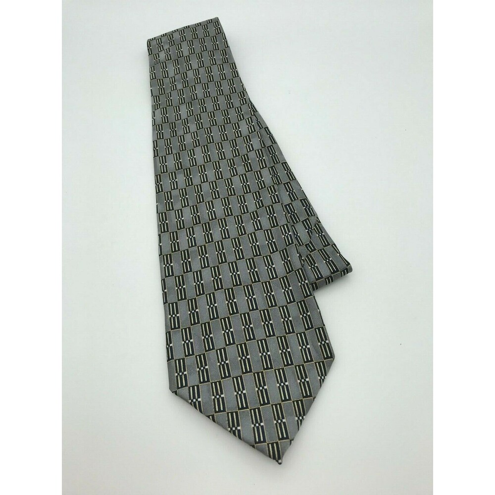 Bergamo Luxury Designer Abstract Gray Black Long Necktie - 100% Silk Tie 58 inch - Picture 5 of 6